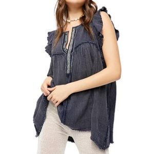 NWT Free People Blue Ridge Indigo Top Navy Womens XS Boho Sleeveless Ruffle Tank